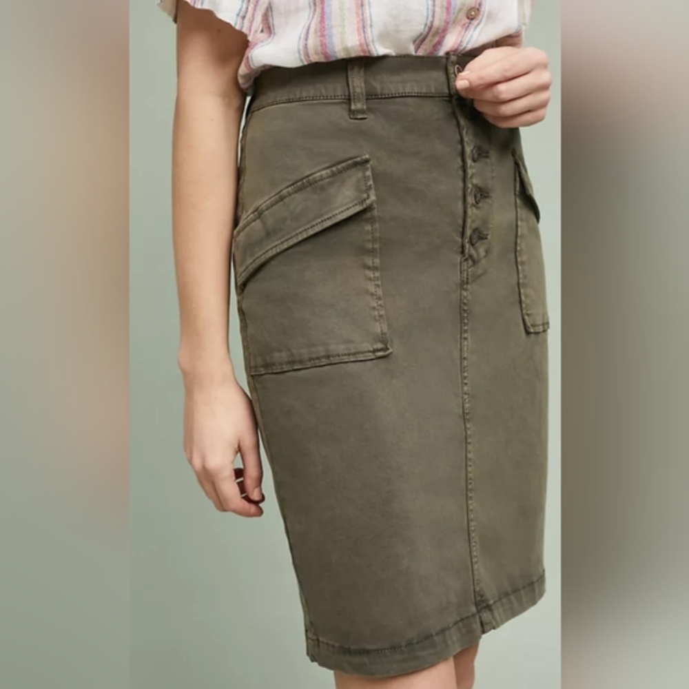 GUC Anthropologie Pilcro Chino Pencil skirt front side flap pockets back slit